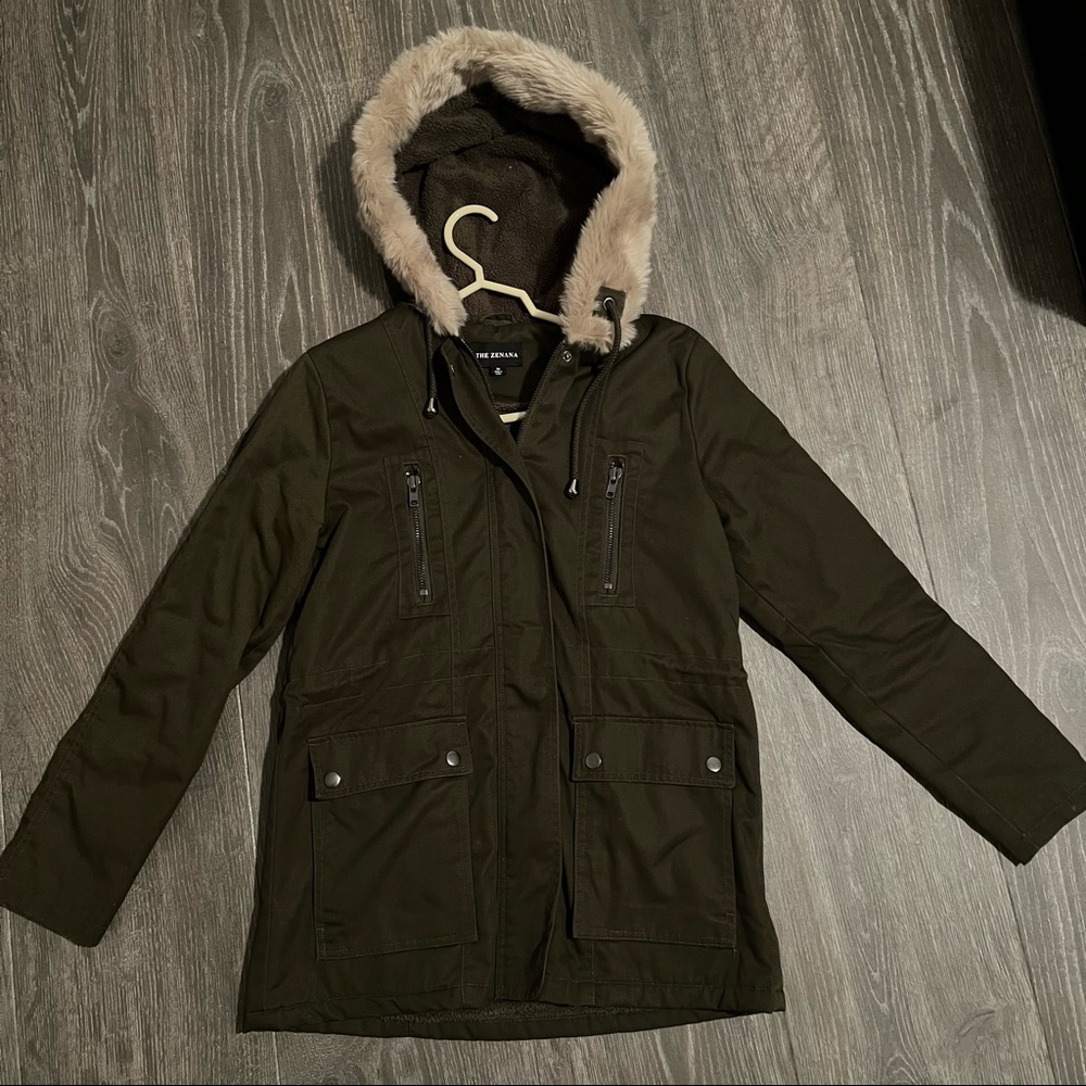 Olive Winter Jacket with Fur Hood